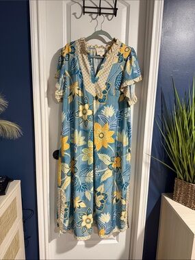 Umgee Teal Floral Midi Dress with Yellow Blooms